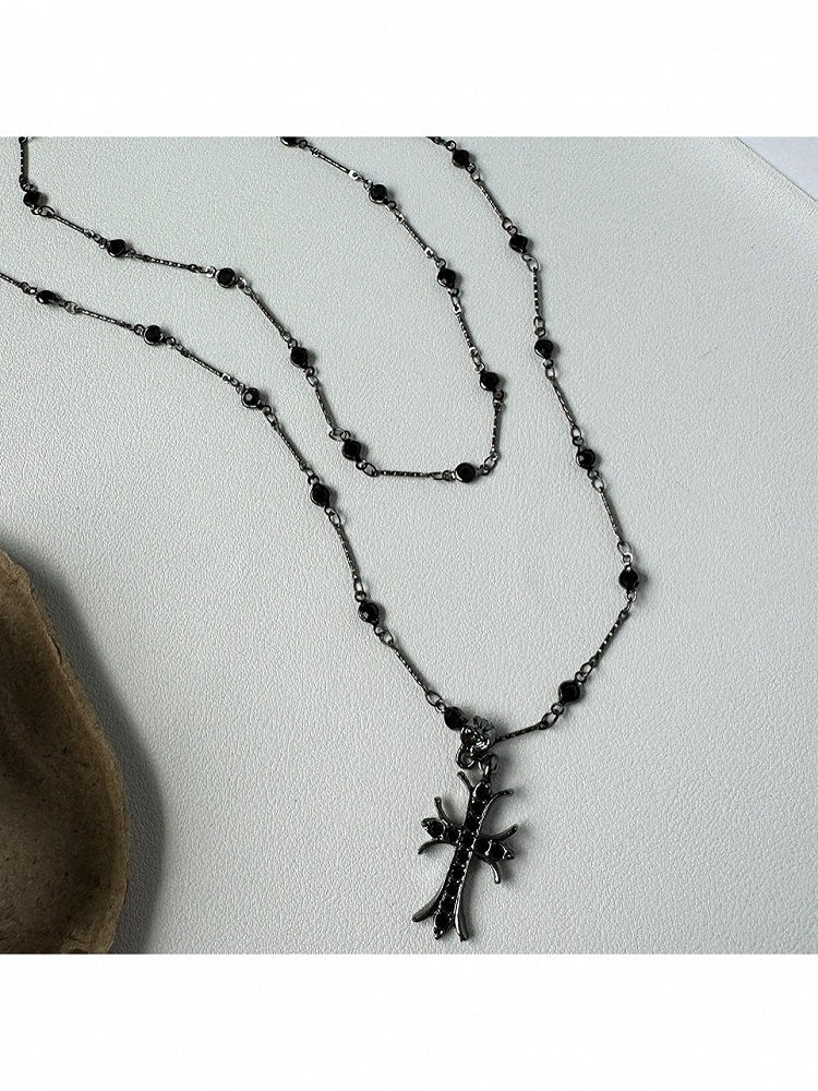 Black Cross Pendant Necklace with Beads - YSHXS