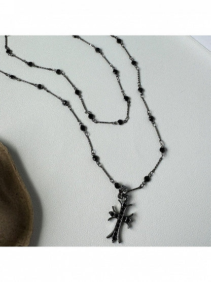 Black Cross Pendant Necklace with Beads - YSHXS