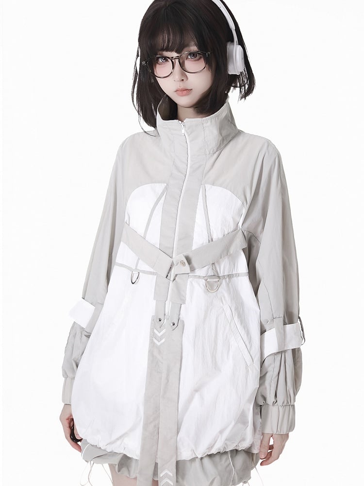 und weiße Techwear-Sonnenschutzjacke mit grauem Saum und Colorblock-Kordelzug