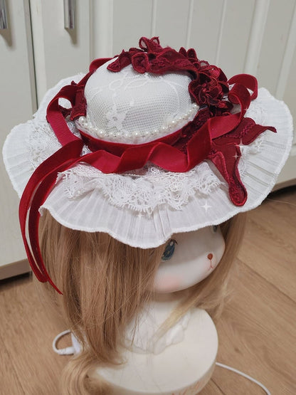 Wine Bowknot Mini Lolita Flower and Velvet Gorgeous Hat Red