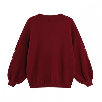 Black Cute Bunny V-neck Loose Sweater Lace-up Detail at Sleeves