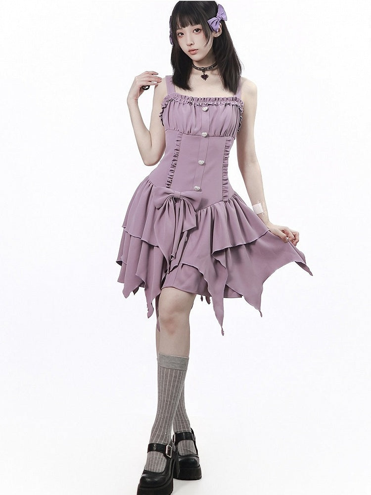 Purple Asymmetric Cami Dress with Ruffle & Bow - PINK SAVIOR