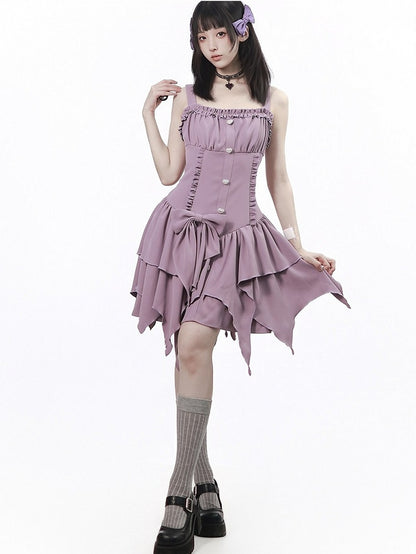 Purple Asymmetric Cami Dress with Ruffle & Bow - PINK SAVIOR