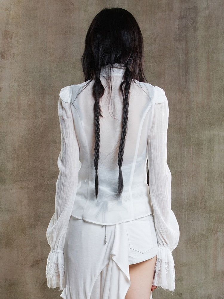 Beige Front Poet Semi-Sheer Blouse Chiffon Button Gothic Sleeves with