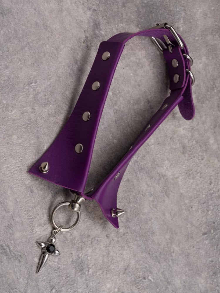 Gothic Cross Decorated Rhinestone Choker Details Purple Studs Pendant