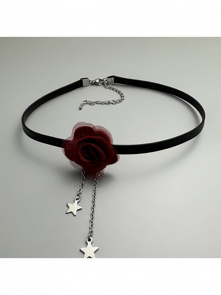 Black Red Choker with Rose and Star Decor - YSHXS