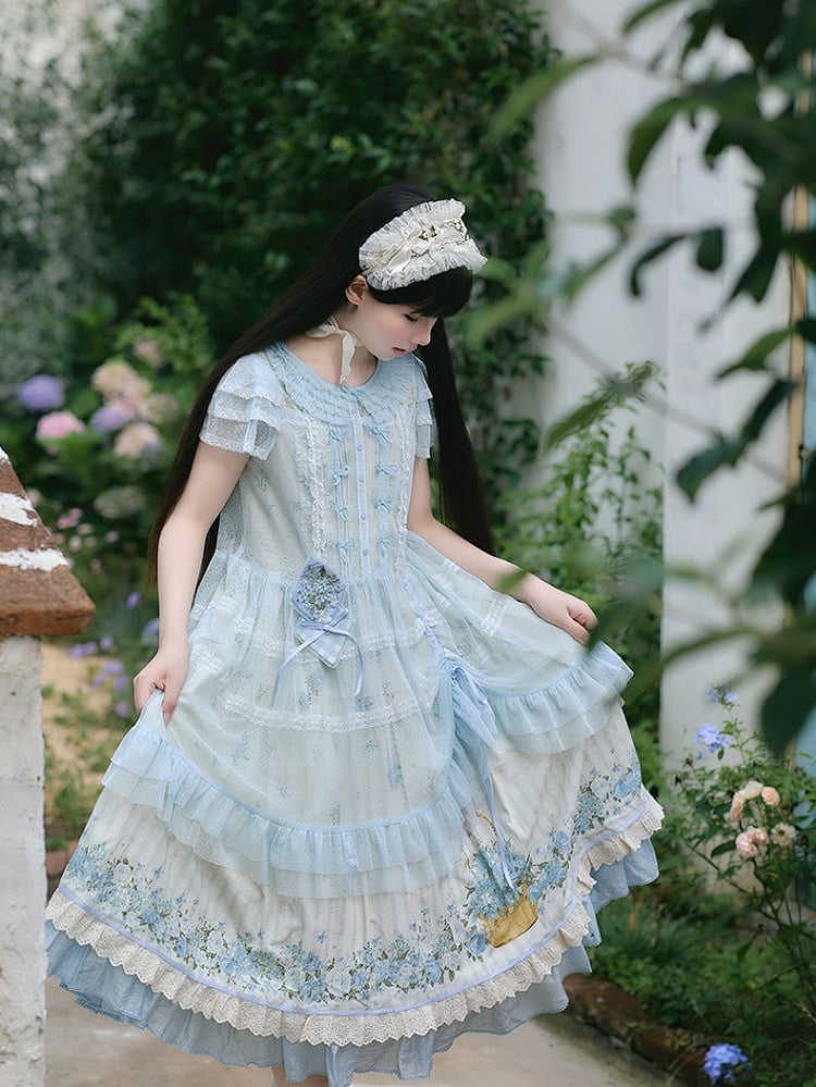 Sweet Lolita Style Summer JSK Dress with Lace & Blue Floral Print - Rock Candy Box