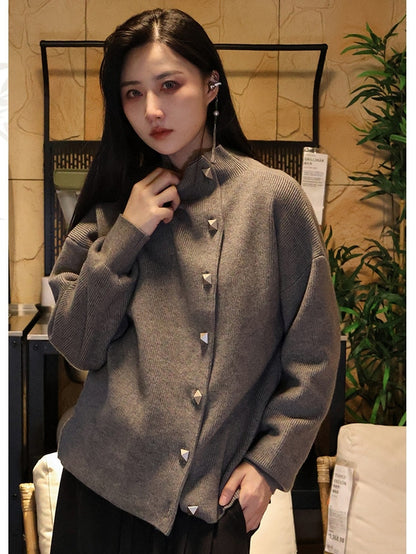 Cardigan Chinese Style Gray Unisex Button Closure Placket Classic in Knit with
