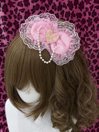 Hairclip Lolita Heart Hime Pink Lace with Chain Pearl Bowknot