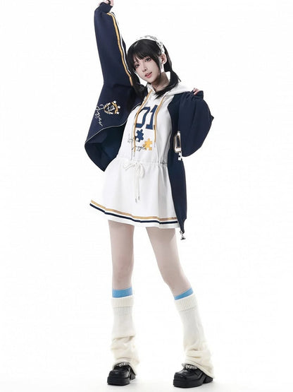 Dress with Yellow Drawstring Hem Hood，Blue Waist Striped Hoodie and Blokette Sleeveless White