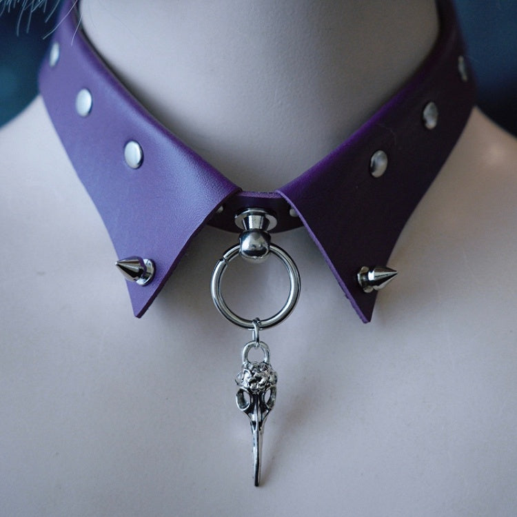 Bird Choker Silver Gothic Pendant Purple Bone Studs Details