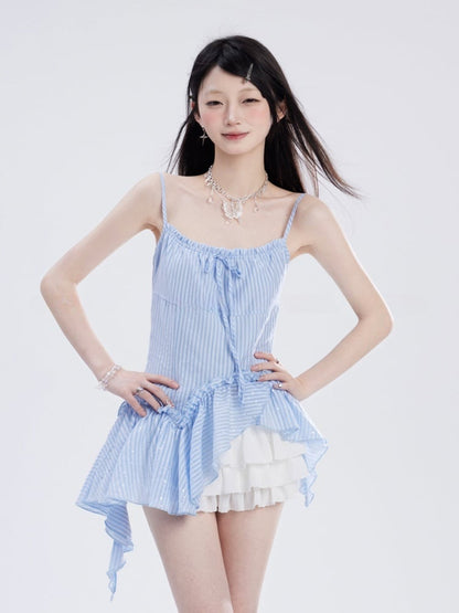 キャミソールトップ ブルー ストライプ柄 アシンメトリーヘム