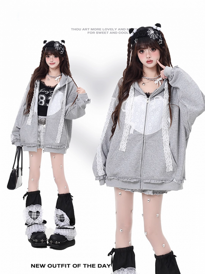 Light Gray Lace Applique Ruffled Trim Zip Closure Hoodie