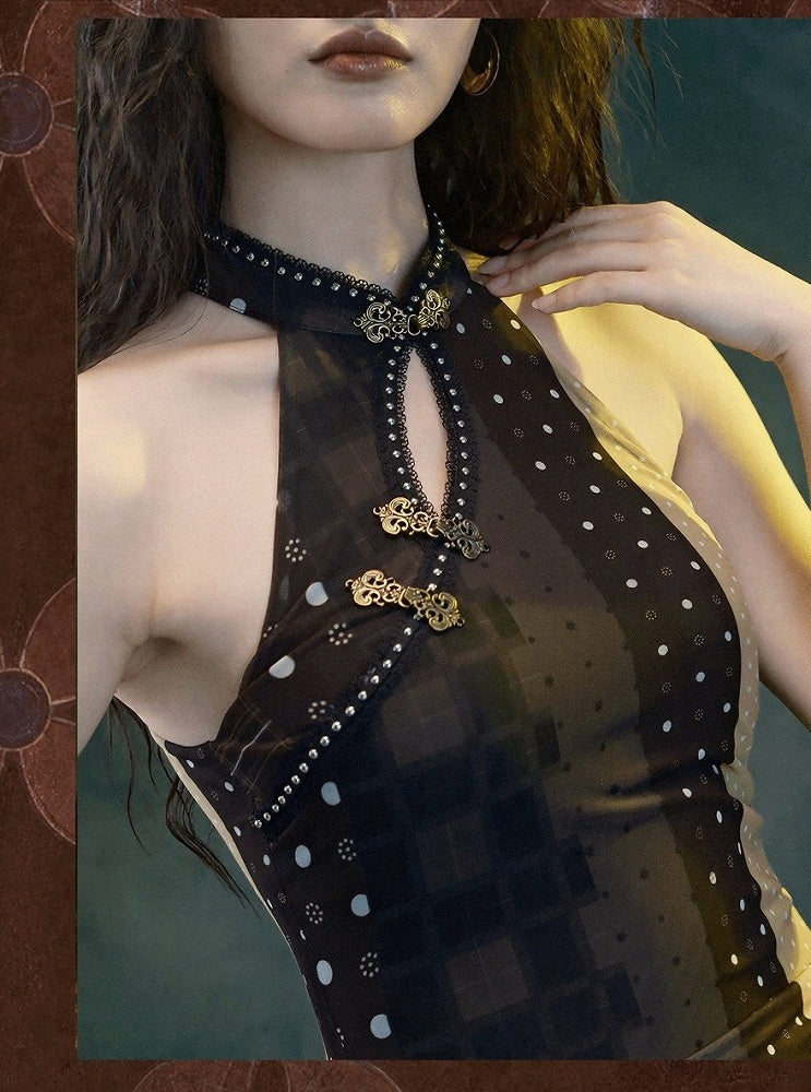 Wasteland Cheongsam Polka Dot Gown with Cinched Waist - sijinstudio