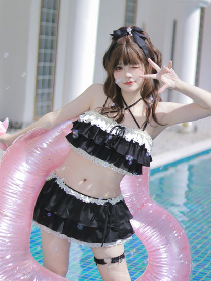 リボンディテール レーストリム 水着 ブラック ティアードフリル