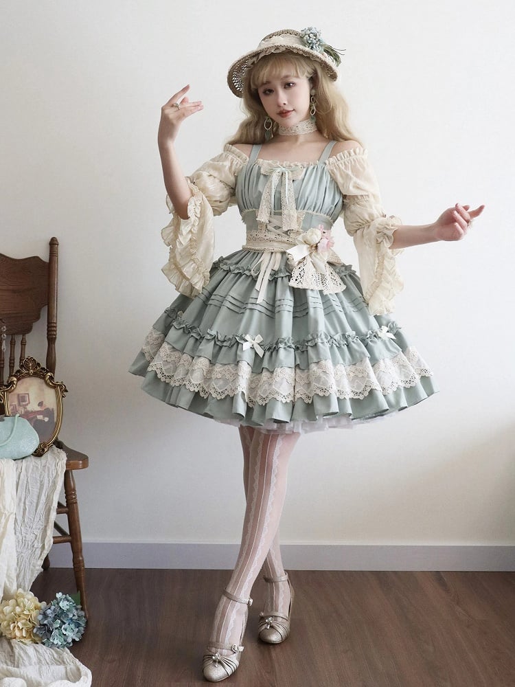 Light Jumper Skirt Ruffle Green Summer Trim Pleated and Lolita