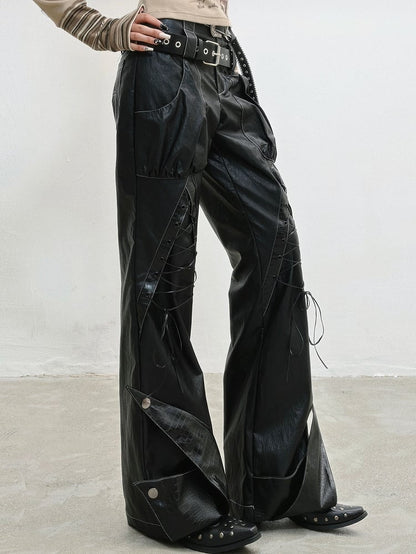 PU Punk Rock Black with Lace-Up Details Pants