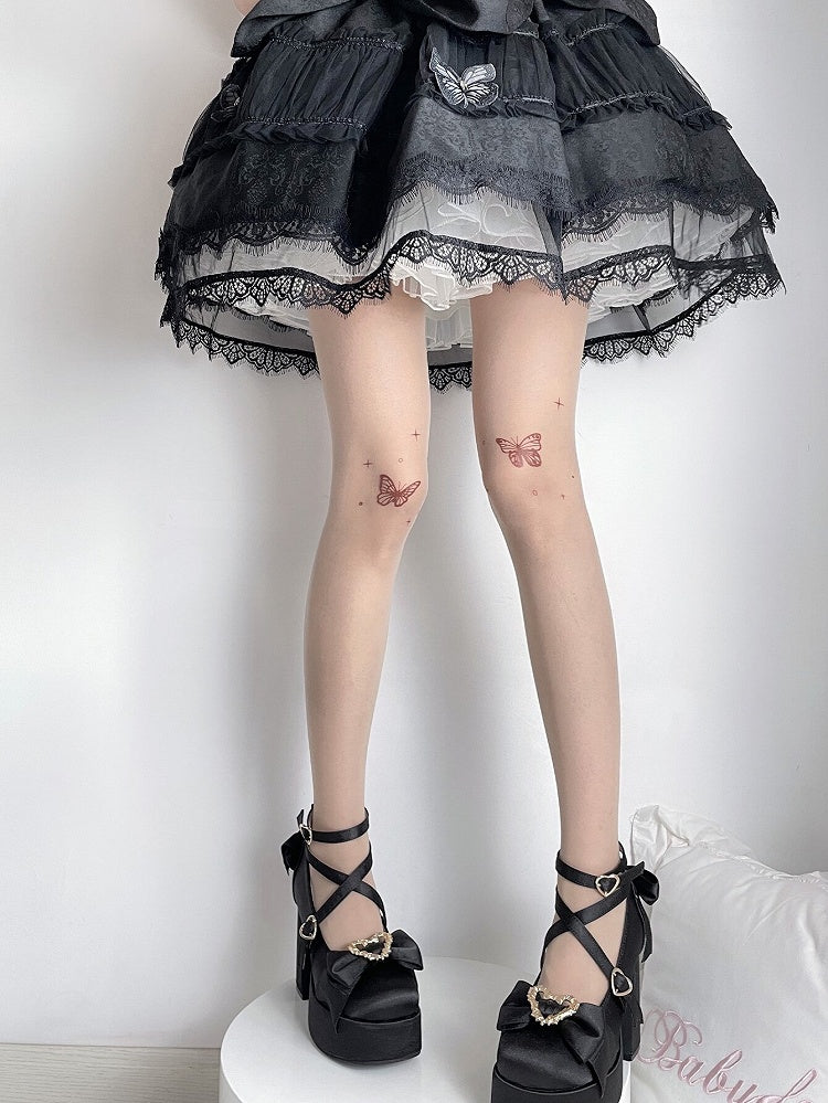 アプリコットバタフライタトゥープリントロリータタイツ