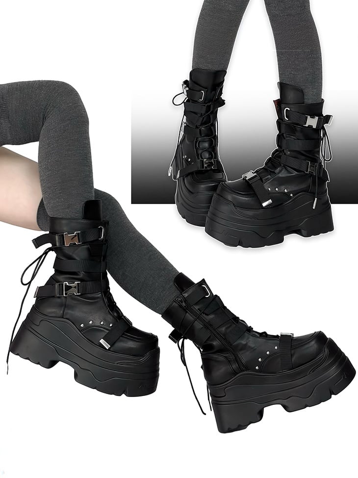 Mattschwarze Punk-Nieten-Bandage-Plateaustiefel mit Schnürdetails