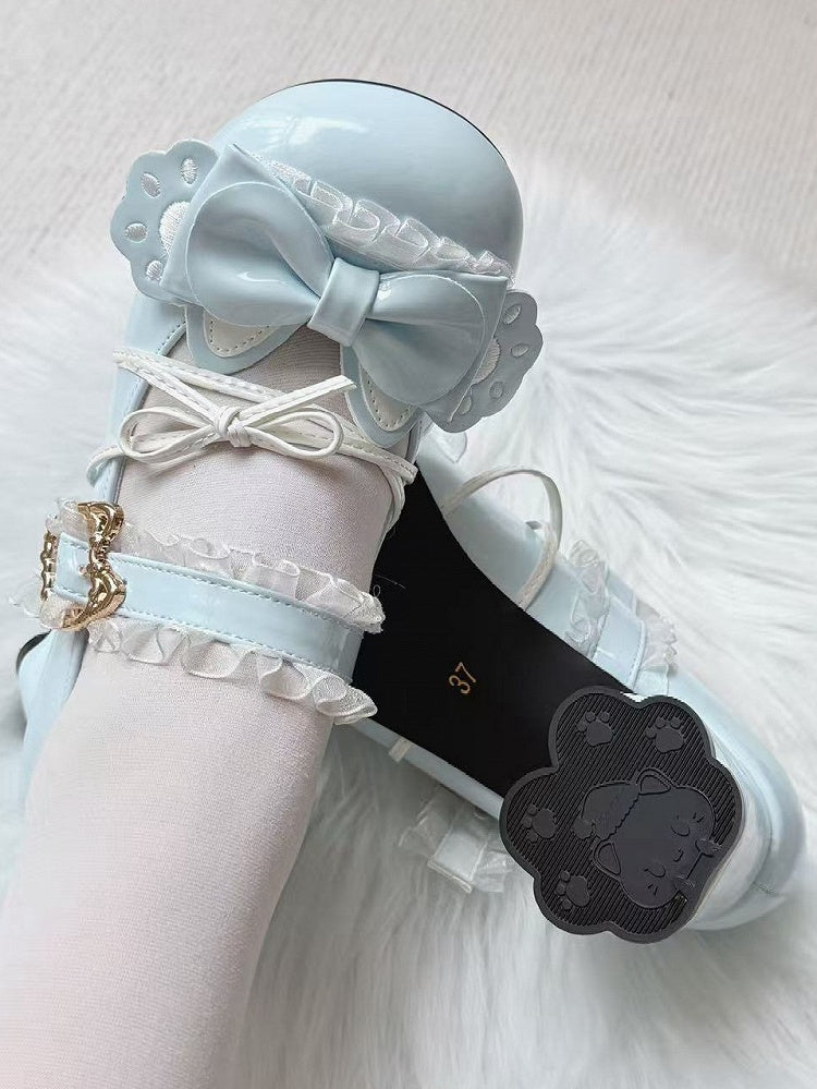 Lace Mary Shoes PU Ruffled in with Jane Details Mid-heel Blue