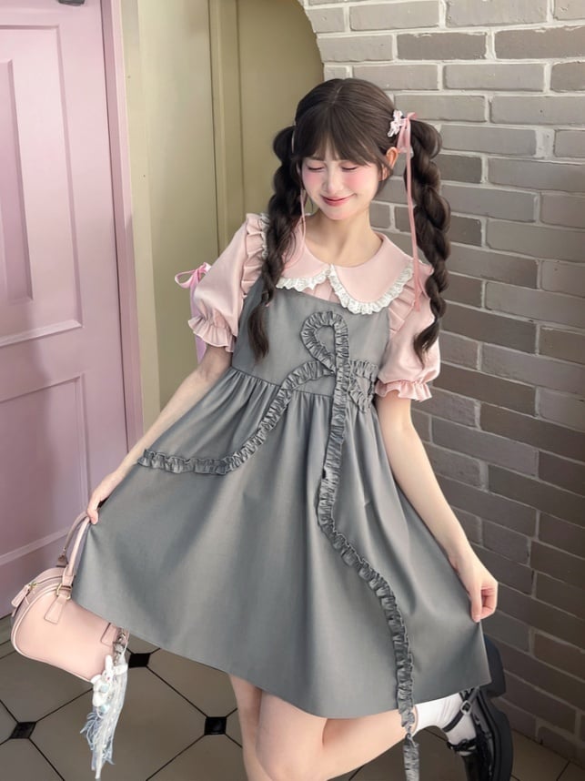 Slip-Kleid, locker, grau, großes Rüschen-Schleifen-Design