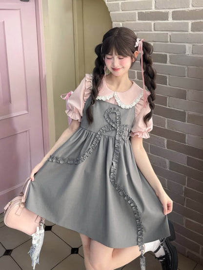 Slip-Kleid, locker, grau, großes Rüschen-Schleifen-Design