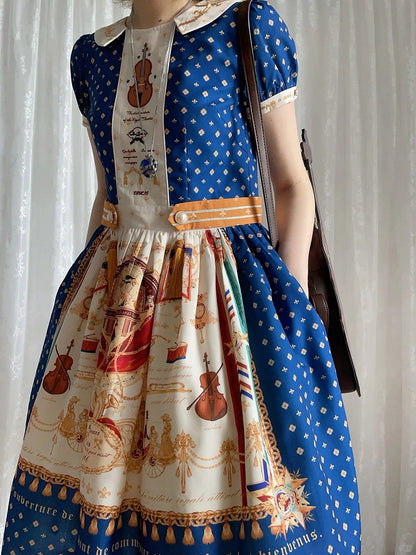 Short Dark Blue Musical Print Peter Pan Collar OP Dress with Tassels - Crucis Universal Tailor Company