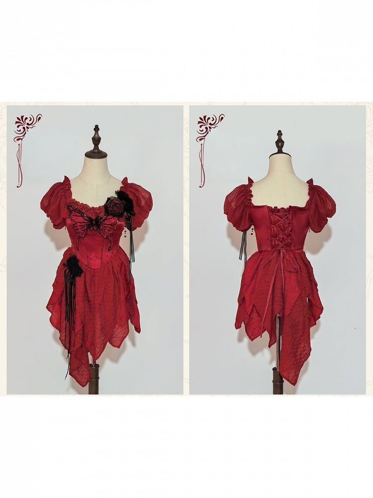 Red Butterfly Rhinestone Detail Puff Sleeve Lolita Top and Asymmetrical Hem Skirt Set - Sweet Wood Lolita