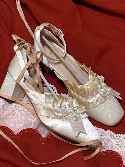 Lolita Elegant Ruffle Toe Tiered Square Sandals Off-white - Trim