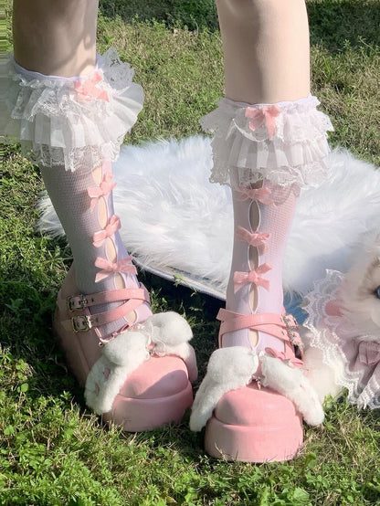Ruffled Socks Cutout Bow Style Lolita Lace Calf Pink (Colors: