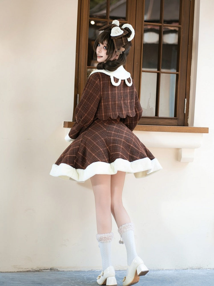 for Coat Lolita Dress Sweet and Paired Autumn with Winter Cherry Brown Embroidered Plaid