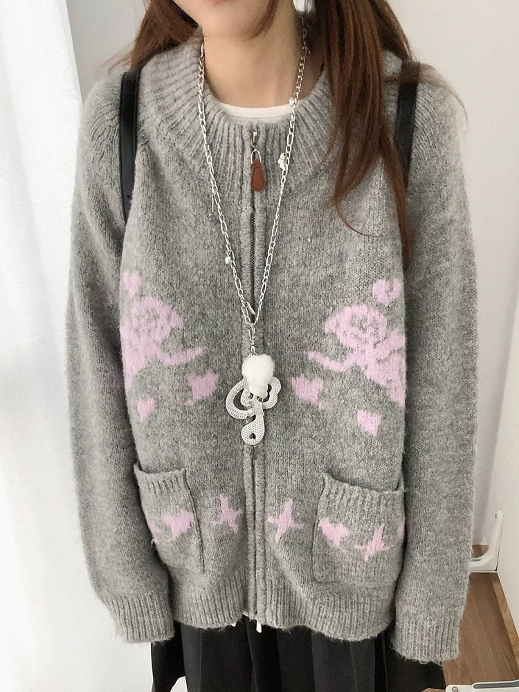 Two-way Pink Placket Zip Knit - Jacket Neck Round Grey