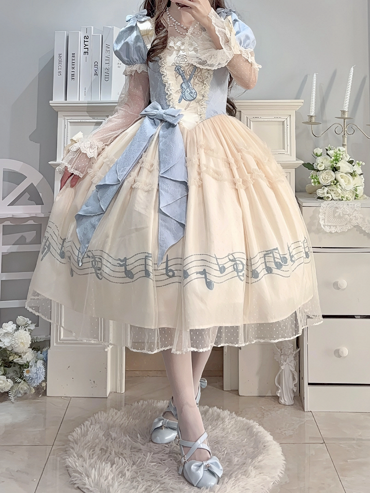 Lolita Blue Note Version Elegant Lace Dress Classic Musical Short Print Beige Violin Embroidery with