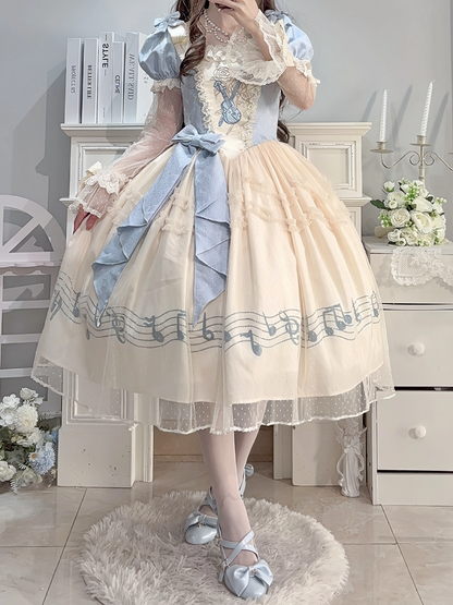 Lolita Blue Note Version Elegant Lace Dress Classic Musical Short Print Beige Violin Embroidery with