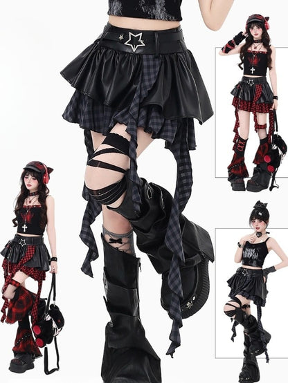 Red Belt Trim Black Ruffle Gray/Black - Y2K Cascading Set Skirt Bittersweet Star