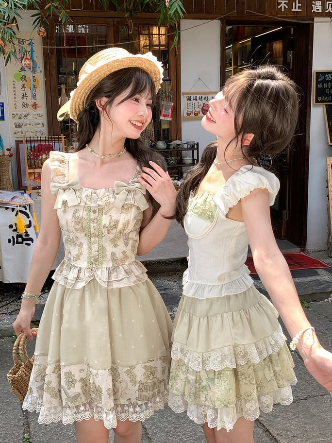 取り外し可能な蝶結び付きグリーンヴィンテージグレーププリントノースリーブトップスライト