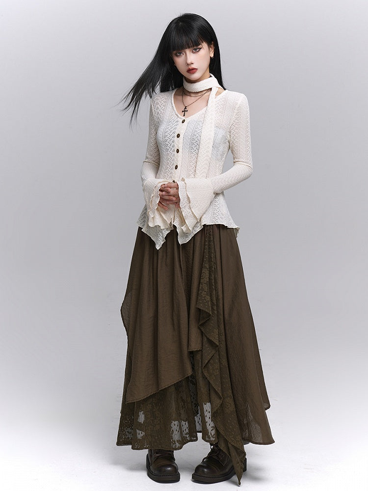 Floral Millard Embroidery Asymmetric Skirt with Elastic Hem Maxi Coffee Waist Dark Punk Wasteland
