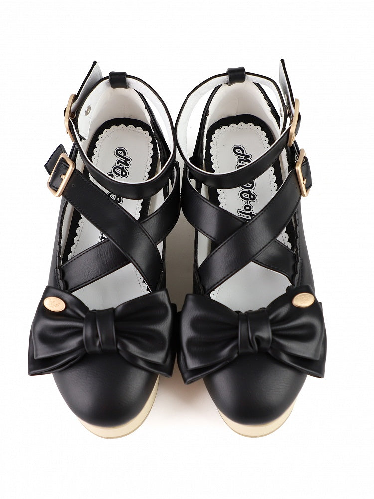 in Sole Lolita Bow Mary Design Crisscross with PU Grain Sweet - Black Wood Janes Accents