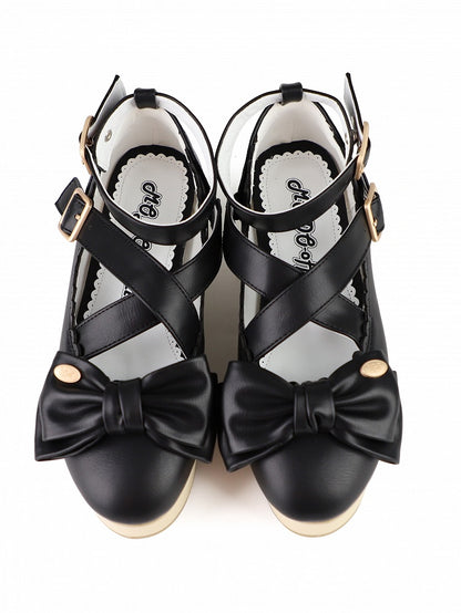 in Sole Lolita Bow Mary Design Crisscross with PU Grain Sweet - Black Wood Janes Accents