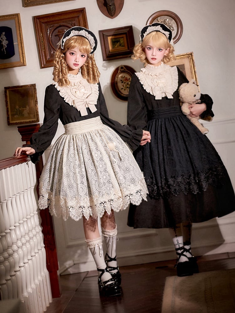 Beige Ruffle Neckline Black High-Waisted Long Balloon Sleeves Lolita Dress Long Version