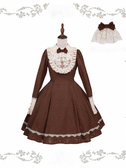 Brown Lace OP Dress with Detachable Bow - iris de nuit