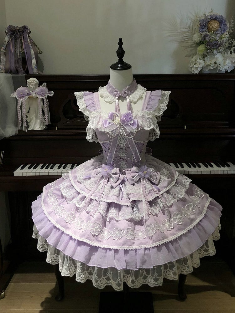 Bows Dress Frog Chinoiserie Flower with Layered Purple Lolita Corset Button Waist