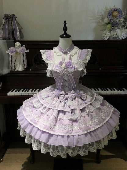 Bows Dress Frog Chinoiserie Flower with Layered Purple Lolita Corset Button Waist