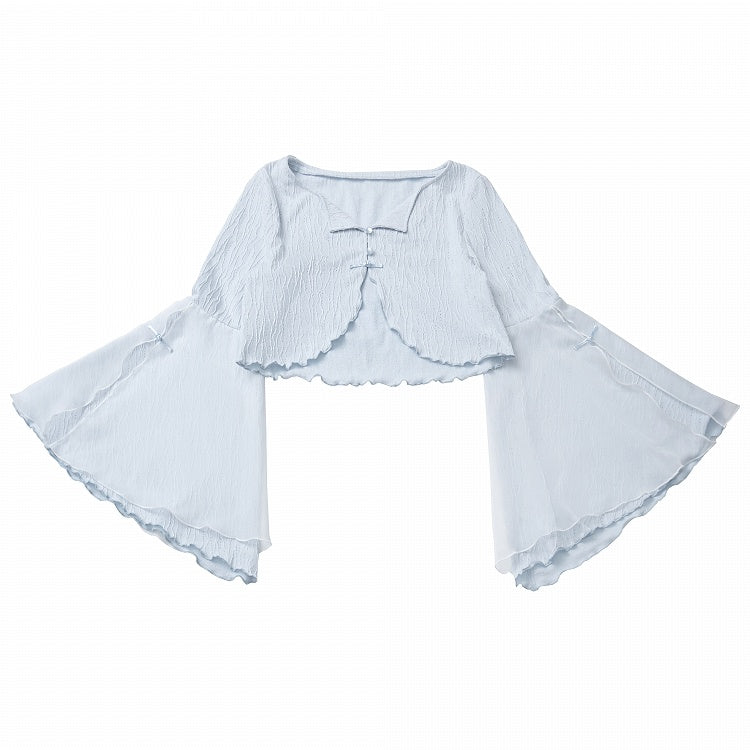 フリートップノットチャイナドレススタイルクロップドキャミソールボタンベ​​ルスリーブブルーカーディガン