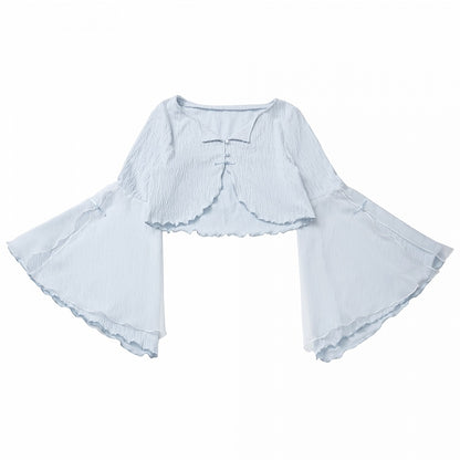 フリートップノットチャイナドレススタイルクロップドキャミソールボタンベ​​ルスリーブブルーカーディガン