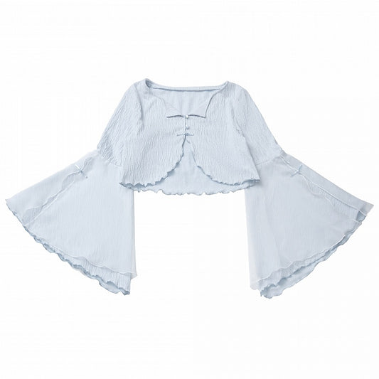 フリートップノットチャイナドレススタイルクロップドキャミソールボタンベ​​ルスリーブブルーカーディガン