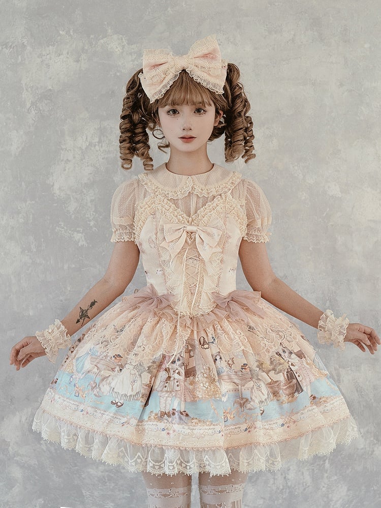 Korsett Beige JSK Süßes Set Party Volldruckkleid Kitty Mieder Lolita Tee