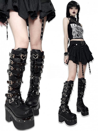 Buckle Platform Boots - Knee-High Punk High-heel PU