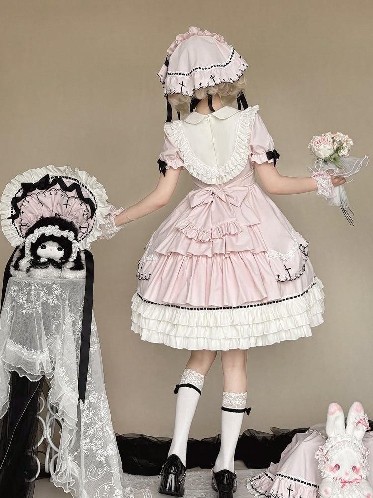Short Sleeve Lolita OP with Cross Pattern & Ruffle Detail in Pink, Black Bow Accents - MUYU