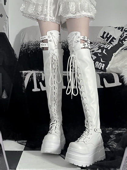 Boots Strap Matte White Y2K Thigh-high Platform Details Star Punk